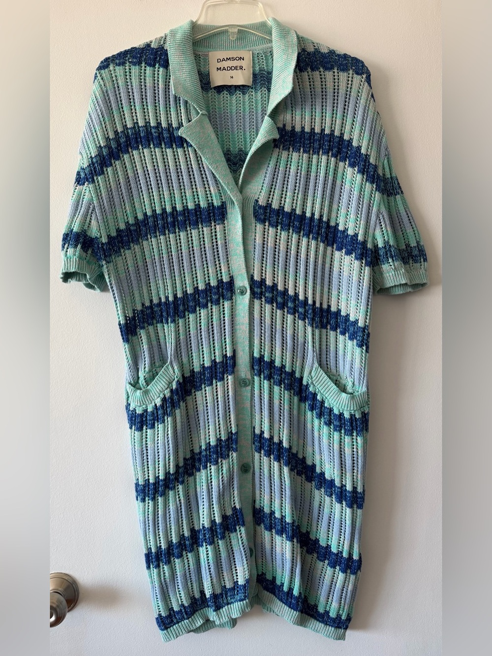 Damson Madder Stripe Pointelle Knit Button Front Polo Dress Cardigan Green Blue